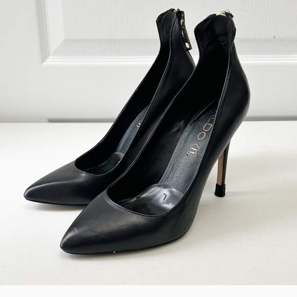 🍁 Aldo Black Leather Pumps Pointy Toe Stiletto High Heels Gold Zippers Size 7.5 - Picture 5 of 10
